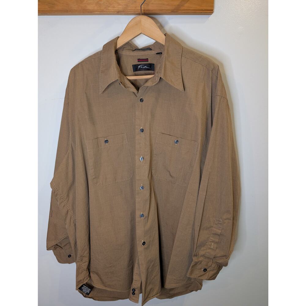FUBU Mens Button Down Shirt Tan Khaki Textured Long Sleeve 18.5 34/35